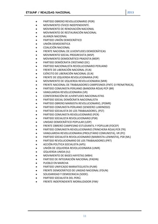 ETSUNP / REALIDAD NACIONAL                                           2013


          PARTIDO OBRERO REVOLUCIONARIO (POR)
          MOVIMIENTO CÍVICO INDEPENDIENTE.
          MOVIMIENTO DE RENOVACIÓN NACIONAL
          MOVIMIENTO DE RESTAURACIÓN NACIONAL
          ALIANZA NACIONAL
          PARTIDO UNIÓN DEMOCRÁTICO
          UNIÓN DEMOCRÁTICA
          COALICIÓN NACIONAL
          FRENTE NACIONAL DE JUVENTUDES DEMOCRÁTICAS
          MOVIMIENTO SOCIAL PROGRESISTA (MSP)
          MOVIMIENTO DEMOCRÁTICO PRADISTA (MDP)
          PARTIDO DEMÓCRATA CRISTIANO (DC)
          PARTIDO NACIONALISTA REVOLUCIONARIO PERUANO
          FRENTE DE LIBERACIÓN NACIONAL (FLN)
          EJÉRCITO DE LIBERACIÓN NACIONAL (ELN)
          FRENTE DE IZQUIERDA REVOLUCIONARIA (FIR)
          MOVIMIENTO DE IZQUIERDA REVOLUCIONARIA (MIR)
          FRENTE NACIONAL DE TRABAJADORES CAMPESINOS (FNTC O FRENATRACA),
          PARTIDO COMUNISTA PERUANO (BANDERA ROJA) PCP (BR)
          VANGUARDIA REVOLUCIONARIA (VR)
          CONFEDERACIÓN DE JUVENTUDES NACIONALISTAS
          PARTIDO SOCIAL DEMÓCRATA NACIONALISTA
          PARTIDO OBRERO MARXISTA REVOLUCIONARIO, (POMR)
          PARTIDO COMUNISTA PERUANO (SENDERO LUMINOSO)
          PARTIDO SOCIALISTA DE LOS TRABAJADORES, (PST)
          PARTIDO COMUNISTA REVOLUCIONARIO (PCR)
          PARTIDO SOCIALISTA REVOLUCIONARIO (PSR)
          UNIDAD DEMOCRÁTICO POPULAR (UDP)
          FRENTE OBRERO CAMPESINO ESTUDIANTIL Y POPULAR (FOCEP)
          PARTIDO COMUNISTA REVOLUCIONARIO (TRINCHERA ROJA) PCR (TR)
          VANGUARDIA REVOLUCIONARIA (PROLETARIO COMUNISTA), VR (PC)
          PARTIDO SOCIALISTA REVOLUCIONARIO (MARXISTA-LENINISTA), PSR (ML)
          PARTIDO REVOLUCIONARIO DE LOS TRABAJADORES (PRT)
          ACCIÓN POLÍTICA SOCIALISTA (APS)
          UNIÓN DE IZQUIERDA REVOLUCIONARIA (UNIR)
          IZQUIERDA UNIDA (IU)
          MOVIMIENTO DE BASES HAYISTAS (MBH)
          PARTIDO DE INTEGRACIÓN NACIONAL (PADIN)
          PUEBLO EN MARCHA
          PARTIDO UNIFICADO MARIATEGUISTA (PUM)
          FRENTE DEMOCRÁTICO DE UNIDAD NACIONAL (FDUN)
          SOLIDARIDAD Y DEMOCRACIA (SODE).
          PARTIDO SOCIALISTA DEL PERÚ.
          FRENTE INDEPENDIENTE MORALIZADOR (FIM)




                                      11
 