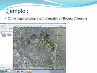 Ejemplo :
 Como llegar al parque salitre mágico en Bogotá Colombia
 