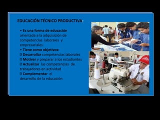 EDUCACIÓN TÉCNICO PRODUCTIVA:
• Es una forma de educación
orientada a la adquisición de
competencias laborales y
empresariales.
• Tiene como objetivos:
Desarrollar competencias laborales
Motivar y preparar a los estudiantes
Actualizar las competencias de
trabajadores en actividad
Complementar el
desarrollo de la educación
 