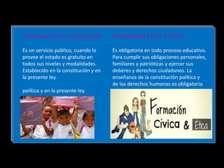 GRATUIDAD DE LA EDUCACIÓN
Es un servicio público, cuando lo
provee el estado es gratuito en
todos sus niveles y modalidades.
Establecido en la constitución y en
la presente ley.
política y en la presente ley.
FORMACIÓN ÉTICA Y CÍVICA
Es obligatoria en todo proceso educativo.
Para cumplir sus obligaciones personales,
familiares y patrióticas y ejercer sus
deberes y derechos ciudadanos. La
enseñanza de la constitución política y
de los derechos humanos es obligatoria.
 