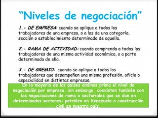 “Niveles de negociación”
1.- DE EMPRESA: cuando se aplique a todos los
trabajadores de una empresa, o a los de una categoría,
sección o establecimiento determinado de aquella.
2.- RAMA DE ACTIVIDAD: cuando comprenda a todos los
trabajadores de una misma actividad económica, o a parte
determinada de ella.
3.- DE GREMIO: cuando se aplique a todos los
trabajadores que desempeñen una misma profesión, oficio o
especialidad en distintas empresas.
En la mayoría de los países andinos prima el nivel de
negociación por empresa, sin embargo, coexisten también con
las negociaciones de rama o sectoriales que se dan en
determinados sectores: petróleo en Venezuela o construcción
civil en nuestro país.
 