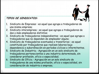 TIPOS DE SINDICATOS:
1. Sindicato de Empresas : es aquel que agrupa a trabajadores de
una misma empresa;
2. Sindicato interempresa : es aquel que agrupa a trabajadores de
dos o más empleadores distintos;
3. Sindicato de trabajadores independientes : es aquel que agrupa a
trabajadores que no dependen de empleador alguno;
4. Sindicato de trabajadores eventuales o transitorios : es aquel
constituido por trabajadores que realizan labores bajo
dependencia o subordinación en períodos cíclicos o intermitentes.
5. Sindicato de Industria.- Agrupación en un solo sindicato de
trabajadores pertenecientes a una industria determinada, sin
considerar profesión, oficio o especialidad.
6. Sindicato de Oficio.- Agrupación en un solo sindicato de
trabajadores de una misma profesión, oficio o especialidad, sin
consideración de industria o empresa.
 