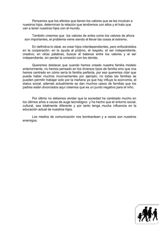 Pensamos que los efectos que tienen los valores que se les inculcan a
nuestros hijos, determinan la relación que tendremos con ellos y el trato que
van a tener nuestros hijos con el mundo.

      También creemos que los valores de antes como los valores de ahora
 son importantes, el problema viene siendo el llevar las cosas al extremo.

       En definitiva lo ideal, es crear hijos interdependientes, pero enfocándolos
en la cooperación, en la ayuda al prójimo, el respeto, el ser independiente,
creativo; en otras palabras, buscar el balance entre los valores y el ser
independiente, sin perder la conexión con los demás.

       Queremos destacar que cuando hemos creado nuestra familia modelo
anteriormente, no hemos pensado en los diversos tipos de familia sino que nos
hemos centrado en cómo sería la familia perfecta, por eso queremos citar que
puede haber muchos inconvenientes por ejemplo; no todas las familias se
pueden permitir trabajar solo por la mañana ya que hay influye la economía, el
status social, además actualmente se dan muchos casos de familias que los
padres están divorciados aquí creemos que es un punto negativo para el niño.


        Por último no debemos olvidar que la sociedad ha cambiado mucho en
los últimos años a causa de auge tecnológico y ha hecho que el entorno social,
cultural, sea totalmente diferente y por tanto tenga mucha influencia en la
educación actual de nuestros hijos.

     Los medios de comunicación nos bombardean y a veces son nuestros
enemigos.
 