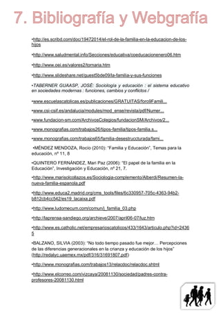 •http://es.scribd.com/doc/19472014/el-rol-de-la-familia-en-la-educacion-de-los-
hijos

•http://www.saludmental.info/Secciones/educativa/coeducacionenero06.htm

•http://www.oei.es/valores2/tornaria.htm

•http://www.slideshare.net/guest5bde09/la-familia-y-sus-funciones

•TABERNER GUAASP, JOSÉ: Sociología y educación : el sistema educativo
en sociedades modernas : funciones, cambios y conflictos /

•www.escuelascatolicas.es/publicaciones/GRATUITAS/foro9Famili...

•www.csi-csif.es/andalucia/modules/mod_ense/revista/pdf/Numer...

•www.fundacion-sm.com/ArchivosColegios/fundacionSM/Archivos/2...

•www.monografias.com/trabajos26/tipos-familia/tipos-familia.s...

•www.monografias.com/trabajos65/familia-desestruccturada/fami...

 •MÉNDEZ MENDOZA, Rocío (2010): “Familia y Educación”, Temas para la
educación, nº 11, 8

•QUINTERO FERNÁNDEZ, Mari Paz (2006): “El papel de la familia en la
Educación”, Investigación y Educación, nº 21, 7.

•http://www.marisolcollazos.es/Sociologia-complemento/Alberdi/Resumen-la-
nueva-familia-espanola.pdf

•http://www.educa2.madrid.org/cms_tools/files/6c330957-705c-4363-94b2-
b812cb4cc542/es19_lacaixa.pdf

•http://www.ludomecum.com/comun/j_familia_03.php

•http://laprensa-sandiego.org/archieve/2007/april06-07/luz.htm

•http://www.es.catholic.net/empresarioscatolicos/433/1643/articulo.php?id=2436
5

•BALZANO, SILVIA (2003): “No todo tiempo pasado fue mejor… Percepciones
de las diferencias generacionales en la crianza y educación de los hijos”
(http://redalyc.uaemex.mx/pdf/316/31691807.pdf)

•http://www.monografias.com/trabajos13/relacdoc/relacdoc.shtml

•http://www.elcorreo.com/vizcaya/20081130/sociedad/padres-contra-
profesores-20081130.html
 