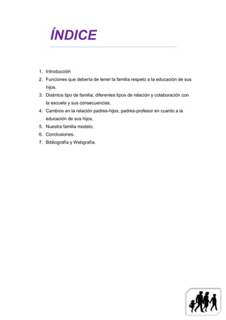 ÍNDICE

1. Introducción
2. Funciones que debería de tener la familia respeto a la educación de sus
   hijos.
3. Distintos tipo de familia; diferentes tipos de relación y colaboración con
   la escuela y sus consecuencias.
4. Cambios en la relación padres-hijos, padres-profesor en cuanto a la
   educación de sus hijos.
5. Nuestra familia modelo.
6. Conclusiones.
7. Bibliografía y Webgrafía.
 