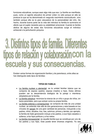 funciones educativas, aunque sean algo más que eso. La familia se manifiesta,
pues, como un agente educativo de primer orden no sólo porque en ella se
produce lo que se ha denominado el «segundo nacimiento sociocultural», sino
también porque ella es la gran educadora de la personalidad del niño. De
hecho, durante buena parte de la vida del individuo la familia le suministra el
afecto que el sujeto necesita para su estabilidad emocional. Cuando la familia
abdica de alguna de estas dos funciones educativas surge el individuo
antisocial o la perturbación psíquica.




Existen varias formas de organización familiar y de parentesco, entre ellas se
han distinguido siete tipos de familias:



                              TIPOS DE FAMILIA

      La familia nuclear o elemental: es la unidad familiar básica que se
       compone de esposo (padre), esposa (madre) e hijos. Estos últimos
       pueden ser la descendencia biológica de la pareja o miembros
       adoptados por la familia.
      La familia adoptiva: reconoce la crianza de un niño o grupo de niños, sin
       lazos parentales, pero que actúan como su propia familia.
      La familia extensa o consanguínea: se compone de más de una unidad
       nuclear, se extiende más allá de dos generaciones y esta basada en los
       vínculos de sangre de una gran cantidad de personas, incluyendo a los
       padres, niños, abuelos, tíos, tías, sobrinos, primos y demás; por ejemplo,
       la familia de triple generación incluye a los padres, a sus hijos casados o
       solteros, a los hijos políticos y a los nietos.
      La familia monoparental: es aquella familia que se constituye por uno de
       los padres y sus hijos. Esta puede tener diversos orígenes. Ya sea
 
