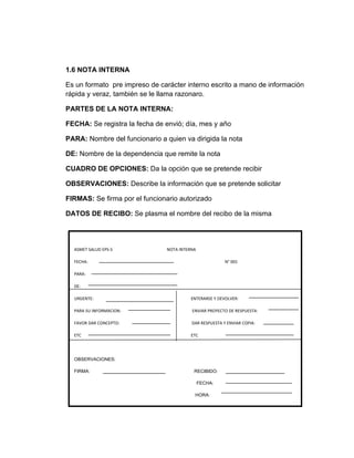 1.6 NOTA INTERNA

Es un formato pre impreso de carácter interno escrito a mano de información
rápida y veraz, también se le llama razonaro.

PARTES DE LA NOTA INTERNA:

FECHA: Se registra la fecha de envió; día, mes y año

PARA: Nombre del funcionario a quien va dirigida la nota

DE: Nombre de la dependencia que remite la nota

CUADRO DE OPCIONES: Da la opción que se pretende recibir

OBSERVACIONES: Describe la información que se pretende solicitar

FIRMAS: Se firma por el funcionario autorizado

DATOS DE RECIBO: Se plasma el nombre del recibo de la misma




  ASMET SALUD EPS-S             NOTA INTERNA

  FECHA:                                                 N° 001

  PARA:

  DE:

  URGENTE:                               ENTERARSE Y DEVOLVER:

  PARA SU INFORMACION:                    ENVIAR PROYECTO DE RESPUESTA:

  FAVOR DAR CONCEPTO:                     DAR RESPUESTA Y ENVIAR COPIA:

  ETC                                     ETC




  OBSERVACIONES:

  FIRMA:                                   RECIBIDO:

                                               FECHA:

                                           HORA:
 