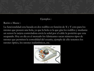 Ejemplos :
Ratón o Mause :
La funcionalidad esta basada en dos rodillos en función de X y Y esto para los
ratones que poseen una bola, ya que la bola es la que gira los rodillos y mediante
un sensor la tarjeta controladora envía la señal por el cable la posición que esta
ocupando. Hoy en día en el mercado los fabricantes sacan números tipos de
ratones que permiten la comodidad del usuario, ejemplo de ello tenemos los
ratones óptico, los ratones inalámbricos, etc.

 