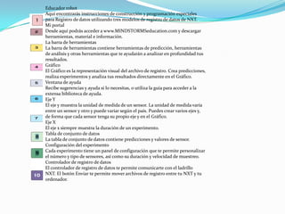 Educador robot
Aquí encontrarás instrucciones de construcción y programación especiales
para Registro de datos utilizando tres modelos de registro de datos de NXT.
Mi portal
Desde aquí podrás acceder a www.MINDSTORMSeducation.com y descargar
herramientas, material e información.
La barra de herramientas
La barra de herramientas contiene herramientas de predicción, herramientas
de análisis y otras herramientas que te ayudarán a analizar en profundidad tus
resultados.
Gráfico
El Gráfico es la representación visual del archivo de registro. Crea predicciones,
realiza experimentos y analiza tus resultados directamente en el Gráfico.
Ventana de ayuda
Recibe sugerencias y ayuda si lo necesitas, o utiliza la guía para acceder a la
extensa biblioteca de ayuda.
Eje Y
El eje y muestra la unidad de medida de un sensor. La unidad de medida varía
entre un sensor y otro y puede variar según el país. Puedes crear varios ejes y,
de forma que cada sensor tenga su propio eje y en el Gráfico.
Eje X
El eje x siempre muestra la duración de un experimento.
Tabla de conjunto de datos
La tabla de conjunto de datos contiene predicciones y valores de sensor.
Configuración del experimento
Cada experimento tiene un panel de configuración que te permite personalizar
el número y tipo de sensores, así como su duración y velocidad de muestreo.
Controlador de registro de datos
El controlador de registro de datos te permite comunicarte con el ladrillo
NXT. El botón Enviar te permite mover archivos de registro entre tu NXT y tu
ordenador.
 