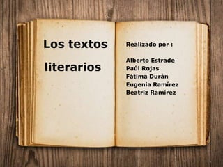 Los textos

literarios

Realizado por :
Alberto Estrade
Paúl Rojas
Fátima Durán
Eugenia Ramírez
Beatriz Ramírez

 