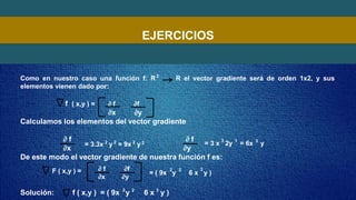 EJERCICIOS
Como en nuestro caso una función f: R R el vector gradiente será de orden 1x2, y sus
elementos vienen dado por:
f ( x,y ) = ∂ f ∂f
∂x ∂y
Calculamos los elementos del vector gradiente
∂ f ∂ f
∂x ∂y
De este modo el vector gradiente de nuestra función f es:
Solución: f ( x,y ) = ( 9x y 6 x y )
2
= 3.3x y = 9x y 2
2
2
2 = 3 x 2y = 6x y
3 1 3
F ( x,y ) = ∂ f ∂f
∂x ∂y
= ( 9x y 6 x y )
3
2 2
3
2
2
 