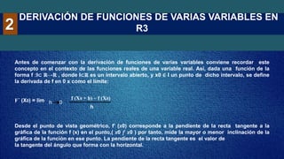 DERIVACIÓN DE FUNCIONES DE VARIAS VARIABLES EN
R3
2
Antes de comenzar con la derivación de funciones de varias variables conviene recordar este
concepto en el contexto de las funciones reales de una variable real. Así, dada una función de la
forma f :I⊂ ℝ→ℝ , donde I⊂ℝ es un intervalo abierto, y x0 ∈ I un punto de dicho intervalo, se define
la derivada de f en 0 x como el límite:
F´ (X0) = lim
h
Desde el punto de vista geométrico, f’ (𝑥0) corresponde a la pendiente de la recta tangente a la
gráfica de la función f (x) en el punto,( 𝑥0 𝑓 𝑥0 ) por tanto, mide la mayor o menor inclinación de la
gráfica de la función en ese punto. La pendiente de la recta tangente es el valor de
la tangente del ángulo que forma con la horizontal.
f (X0 + h) – f (X0)
h 0
 