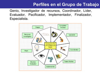 Perfiles en el Grupo de Trabajo 
Genio, Investigador de recursos, Coordinador, Líder, 
Evaluador, Pacificador, Implementador, Finalizador, 
Especialista. 
 