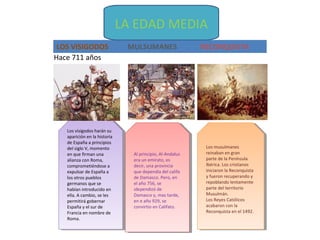 LOS VISIGODOS MULSUMANES RECONQUISTA
Los visigodos harán su
aparición en la historia
de España a principios
del siglo V, m...