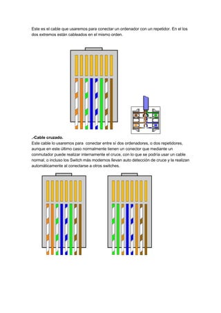 Este es el cable que usaremos para conectar un ordenador con un repetidor. En el los
dos extremos están cableados en el mismo orden.
.-Cable cruzado.
Este cable lo usaremos para conectar entre sí dos ordenadores, o dos repetidores,
aunque en este último caso normalmente tienen un conector que mediante un
conmutador puede realizar internamente el cruce, con lo que se podría usar un cable
normal, o incluso los Switch más modernos llevan auto detección de cruce y la realizan
automáticamente al conectarse a otros switches.
 