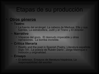 Etapas de su producción Otros géneros Teatro :  La fuente del arcángel, La cabeza de Medusa, Ella y sus fuentes, La estratosfera, Judit y el Tirano y El director. Narrativo Vísperas del gozo,  El desnudo impecable y otras narraciones,  La bomba increíble. Critica literaria Reality and the poet in Spanish Poetry, Literatura española. Siglo XX , La poesía de Rubén Darío , Jorge Manrique o tradición y originalidad. Ensayo   El defensor, Ensayos de literatura hispánica, La responsabilidad del escritor   
