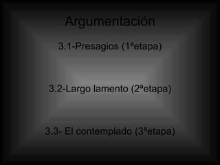 Argumentación 3.1-Presagios (1ªetapa) 3.2-Largo lamento (2ªetapa) 3.3- El contemplado (3ªetapa) 