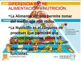 DIFERENCIA ENTRE
ALIMENTACIÓN Y NUTRICIÓN.
•La Alimentación nos permite tomar
del medio que nos rodea.
•La Nutrición es el conjunto de
procesos que permiten que
nuestro organismo utilice los
nutrientes que contienen los
alimentos para realizar sus
funciones.
 