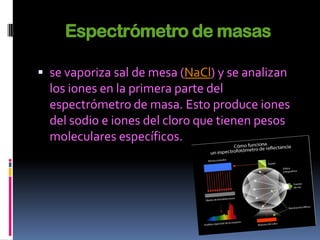 Espectrómetro de masas

 se vaporiza sal de mesa (NaCl) y se analizan
  los iones en la primera parte del
  espectrómetro de masa. Esto produce iones
  del sodio e iones del cloro que tienen pesos
  moleculares específicos.
 