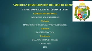 “AÑO DE LA CONSOLIDACIÓN DEL MAR DE GRAU”
UNIVERSIDAD NACIONAL AUTÓNOMA DE CHOTA
CARRERA PROFESIONAL:
INGENIERIA AGROINDUSTRIAL
Trabajo:
MANEJO DE FOROS EDUCATIVOS Y WEB GRATIS.
Alumno:
DIAZ IDROGO, Yorly
Profesora:
DELGADO TAPIA, Doris Elena
Chota – Perú
2016
 