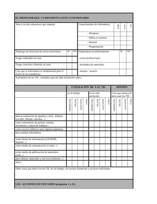 EL PROFESOR QUE CUMPLIMENTA ESTE CUESTIONARIO

Área y niveles educativos que imparto:                                     Conocimientos de informática:




                                                                                                                                                    BIEN


                                                                                                                                                                ALGO


                                                                                                                                                                             NO
-
                                                                                              - Windows
-
                                                                                              - Office (o similar)
-                                                                                             - Internet
                                                                                              - Programación
Dispongo de dirección de correo electrónico         SI            NO Experiencia en teleformación:                                                         SI               NO

Tengo ordenador en casa                                                    - como profesor/tutor

Tengo conexión a Internet en casa.                                         - diseñador de materiales

Creo que la informática es fundamental para el              - alumno / usuario
futuro de los estudiantes
A propósito de las TIC, considero que me falta formación sobre...
-

                                                                 UTILIZACIÓN DE LAS TIC                                                             OPINIÓN

                                                    en el trabajo                               en la vida                             Creo que merece la
                                                                                                particular                             pena usar las TIC...
                                                     MUCHÍSIMO

                                                                   MUCHO

                                                                            BASTANTE

                                                                                       POCO

                                                                                                 MUCHÍSIMO

                                                                                                             MUCHO

                                                                                                                     BASTANTE

                                                                                                                                POCO

                                                                                                                                        MUCHÍSIMO

                                                                                                                                                       MUCHO

                                                                                                                                                                 BASTANTE

                                                                                                                                                                             POCO
para la realización de apuntes y otros trabajos
(escribir, dibujar, càlculos...)
como instrumento de gestión: tutoría,
inventarios, control de trabajos...
como recurso didáctico para alguna asignatura
para enseñar informática

como fuente de información (CD-ROM,
Internet...)
como medio de comunicación (e-mail...)

como medio de publicación de materiales
(web...)
para obtener materiales y servicios (Internet...)
otros...

Otras cosas que haría con las TIC en mi trabajo, sSi tuviera formación y recursos suficientes:

-


LOS ALUMNOS ENCUESTADOS (preguntas 1 a 12)
 