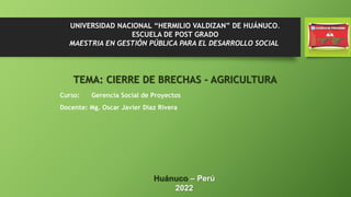 UNIVERSIDAD NACIONAL “HERMILIO VALDIZAN” DE HUÁNUCO.
ESCUELA DE POST GRADO
MAESTRIA EN GESTIÓN PÚBLICA PARA EL DESARROLLO SOCIAL
TEMA: CIERRE DE BRECHAS - AGRICULTURA
Curso: Gerencia Social de Proyectos
Docente: Mg. Oscar Javier Diaz Rivera
Huánuco – Perú
2022
 