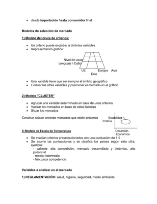 desde importación hasta consumidor final


Modelos de selección de mercado

1) Modelo del cruce de criterios:

      Un criterio puede englobar a distintas variables
      Representación gráfica:


                             Nivel de usuarios
                          Lenguaje / Cultura

                                           UE            Europa   Asia
                                                  Este

      Una variable tiene que ser siempre el ámbito geográfico
      Evaluar las otras variables y posicionar el mercado en el gráfico


2) Modelo "CLUSTER"

      Agrupar una variable determinada en base de unos criterios
      Valorar los mercados en base de estos factores
      Situar los mercados

Construir clúster uniendo mercados que estén próximos           Estabilidad
                                                           Política


3) Modelo de Escala de Temperatura                                   Desarrollo
                                                                     Económico
      Se evalúan criterios preseleccionados con una puntuación de 1-9
      Se asume las puntuaciones y se clasifica los países según esta cifra,
      ejemplo:
        - caliente: alta competición, mercado desarrollado y dinámico, alto
        potencial
        - medio: intermedio
        - frío: poca competencia


Variables a analizar en el mercado

1) REGLAMENTACIÒN: salud, higiene, seguridad, medio ambiente
 