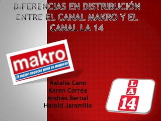 DIFERENCIAS EN DISTRIBUCIÓN ENTRE EL CANAL MAKRO Y EL CANAL LA 14 Natalia Cano Karen Correa  Andrés Bernal  Harold Jaramillo 