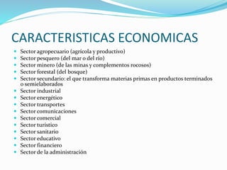 CARACTERISTICAS ECONOMICAS
 Sector agropecuario (agrícola y productivo)
 Sector pesquero (del mar o del río)
 Sector minero (de las minas y complementos rocosos)
 Sector forestal (del bosque)
 Sector secundario: el que transforma materias primas en productos terminados
o semielaborados
 Sector industrial
 Sector energético
 Sector transportes
 Sector comunicaciones
 Sector comercial
 Sector turístico
 Sector sanitario
 Sector educativo
 Sector financiero
 Sector de la administración
 