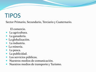 TIPOS
Sector Primario, Secundario, Terciario y Cuaternario.
El comercio.
 La agricultura.
 La ganadería.
 La globalización.
 La industria.
 La minería.
 La pesca.
 La publicidad.
 Los servicios públicos.
 Nuestros medios de comunicación.
 Nuestros medios de transporte y Turismo.
 