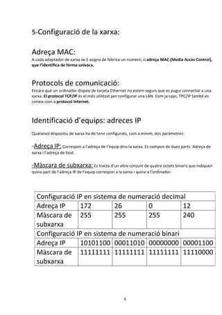 5-Configuració de la xarxa:

Adreça MAC:
A cada adaptador de xarxa se li asigna de fàbrica un numero, o adreça MAC (Media Acces Control),
que l’identifica de forma unívoca.



Protocols de comunicació:
Encara que un ordinador disposi de tarjeta Ethernet no estem segurs que es pugui connectar a una
xarxa. El protocol TCP/IP és el més utilitzat per configurar una LAN. Com ja saps, TPC/IP també es
coneix com a protocol Internet.



Identificació d’equips: adreces IP
Qualsevol dispositiu de xarxa ha de tenir configurats, com a mínim, dos paràmetres:

-Adreça IP: Correspon a l’adreça de l’equip dins la xarxa. Es compon de dues parts: Adreça de
xarxa i l’adreça de host.

-Màscara de subxarxa: Es tracta d’un altre conjunt de quatre octets binaris que indiquen
quina part de l’adreça IP de l’equip correspon a la xarxa i quina a l’ordinador.




  Configuració IP en sistema de numeració decimal
  Adreça IP     172        26        0           12
  Màscara de 255           255       255         240
  subxarxa
  Configuració IP en sistema de numeració binari
  Adreça IP     10101100 00011010 00000000 00001100
  Màscara de 11111111 11111111 11111111 11110000
  subxarxa



                                                    8
 