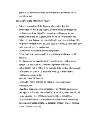 general que se consideran validos para el encuadre de la
  investigación

FUNCIONES DEL MARCO TEORICO

- Orienta como habrá de llevarse el estudio. Por los
  antecedentes nos daos cuenta de cómo ha sido tratado el
  problema de investigación: tipo de estudios que se han
  efectuado, tipos de sujetos, como se han recolectado los
  datos, en que lugares se han realizado, con que diseños, etc.
- Amplia el horizonte del estudio y guía al investigador para que
  este se centre en el problema.
- Conduce el establecimiento de hipótesis.
- Provee un nuevo marco de referencia para interpretar el
  estudio.
- En el proceso de investigación científica, del cual se debe
  apropiar e estudiante, conforman pilares básicos la
  delimitación del problema de justicia del estudio, el marco de
  referencia en el cual se apoya la investigación y la ruta
  metodológica seguida.
  MAPAS CONCEPTUALES
  -utilizados como técnica de estudio, y de análisis de
  investigación.
  -Ayuda a: organizar, interrelacionar, identificar, contrastar.
  - su ejercicio fomenta la reflexión, el análisis, y la creatividad.
  - un esquema: o representación grafica, se simboliza
  fundamentalmente con modelos simples (líneas y óvalos) y
  pocas palabras (conceptos y palabras enlace) líneas, flechas,
  (conexiones cruzadas)
 