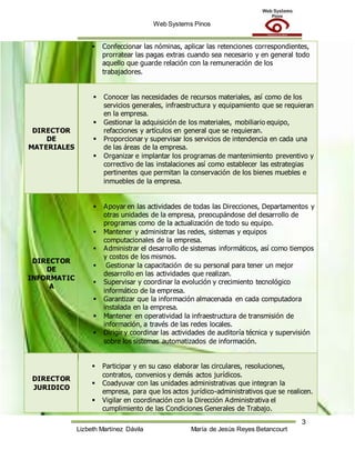 Web Systems Pinos
3
Lizbeth Martínez Dávila María de Jesús Reyes Betancourt
 Confeccionar las nóminas, aplicar las retenciones correspondientes,
prorratear las pagas extras cuando sea necesario y en general todo
aquello que guarde relación con la remuneración de los
trabajadores.
DIRECTOR
DE
MATERIALES
 Conocer las necesidades de recursos materiales, así como de los
servicios generales, infraestructura y equipamiento que se requieran
en la empresa.
 Gestionar la adquisición de los materiales, mobiliario equipo,
refacciones y artículos en general que se requieran.
 Proporcionar y supervisar los servicios de intendencia en cada una
de las áreas de la empresa.
 Organizar e implantar los programas de mantenimiento preventivo y
correctivo de las instalaciones así como establecer las estrategias
pertinentes que permitan la conservación de los bienes muebles e
inmuebles de la empresa.
DIRECTOR
DE
INFORMATIC
A
 Apoyar en las actividades de todas las Direcciones, Departamentos y
otras unidades de la empresa, preocupándose del desarrollo de
programas como de la actualización de todo su equipo.
 Mantener y administrar las redes, sistemas y equipos
computacionales de la empresa.
 Administrar el desarrollo de sistemas informáticos, así como tiempos
y costos de los mismos.
 Gestionar la capacitación de su personal para tener un mejor
desarrollo en las actividades que realizan.
 Supervisar y coordinar la evolución y crecimiento tecnológico
informático de la empresa.
 Garantizar que la información almacenada en cada computadora
instalada en la empresa.
 Mantener en operatividad la infraestructura de transmisión de
información, a través de las redes locales.
 Dirigir y coordinar las actividades de auditoría técnica y supervisión
sobre los sistemas automatizados de información.
DIRECTOR
JURIDICO
 Participar y en su caso elaborar las circulares, resoluciones,
contratos, convenios y demás actos jurídicos.
 Coadyuvar con las unidades administrativas que integran la
empresa, para que los actos jurídico-administrativos que se realicen.
 Vigilar en coordinación con la Dirección Administrativa el
cumplimiento de las Condiciones Generales de Trabajo.
 