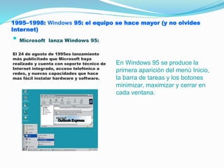 1995–1998: Windows 95: el equipo se hace mayor (y no olvides
Internet)
• Microsoft lanza Windows 95:
El 24 de agosto de 1995es lanzamiento
más publicitado que Microsoft haya
realizado y cuenta con soporte técnico de
Internet integrado, acceso telefónico a
redes, y nuevas capacidades que hace
mas fácil instalar hardware y software.
En Windows 95 se produce la
primera aparición del menú Inicio,
la barra de tareas y los botones
minimizar, maximizar y cerrar en
cada ventana.
 