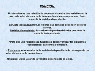 FUNCION:

  Una función es una relación de dependencia entre dos variables en la
  que cada valor de la variable independiente le corresponde un único
                   valor de la variable dependiente.

  Variable independiente: Los valores que toma no dependen de otros
                                valores.
   Variable dependiente: Sus valores dependen del valor que toma la
                        variable independiente.


   *Para que una relación sea función se deben verificar las siguientes
                   condiciones: Existencia y unicidad.

 - Existencia: A todo valor de la variable independiente le corresponde un
valor de la variable dependiente.

- Unicidad: Dicho valor de la variable dependiente es único.
.
 