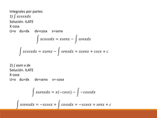 Integrales por partes
1) ∫ 𝑥𝑐𝑜𝑠𝑥𝑑𝑥
Solución. ILATE
X cosx
U=x du=dx dv=cosx v=senx
𝑥𝑐𝑜𝑠𝑥𝑑𝑥 = 𝑥𝑠𝑒𝑛𝑥 − 𝑠𝑒𝑛𝑥𝑑𝑥
𝑥𝑐𝑜𝑠𝑥𝑑𝑥 = 𝑥𝑠𝑒𝑛𝑥 − 𝑠𝑒𝑛𝑥𝑑𝑥 = 𝑥𝑠𝑒𝑛𝑥 + 𝑐𝑜𝑠𝑥 + 𝑐
2) ∫ xsen x dx
Solución. ILATE
X cosx
U=x du=dx dv=senx v=-cosx
𝑥𝑠𝑒𝑛𝑥𝑑𝑥 = 𝑥(−𝑐𝑜𝑠𝑥) − −𝑐𝑜𝑠𝑥𝑑𝑥
𝑥𝑠𝑒𝑛𝑥𝑑𝑥 = −𝑥𝑐𝑜𝑠𝑥 + 𝑐𝑜𝑠𝑥𝑑𝑥 = −𝑥𝑐𝑜𝑠𝑥 + 𝑠𝑒𝑛𝑥 + 𝑐
 