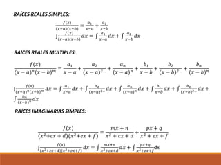 RAÍCES REALES SIMPLES:
𝑓(𝑥)
(𝑥−𝑎)(𝑥−𝑏)
=
𝑎1
𝑥−𝑎
+
𝑎2
𝑥−𝑏
∫
𝑓(𝑥)
(𝑥−𝑎)(𝑥−𝑏)
𝑑𝑥 = ∫
𝑎1
𝑥−𝑎
𝑑𝑥 + ∫
𝑎2
𝑥−𝑏
𝑑𝑥
RAÍCES REALES MÚLTIPLES:
RAÍCES IMAGINARIAS SIMPLES:
𝑓(𝑥)
(𝑥 − 𝑎) 𝑛(𝑥 − 𝑏) 𝑚
=
𝑎1
𝑥 − 𝑎
+
𝑎2
(𝑥 − 𝑎)2…
+
𝑎 𝑛
(𝑥 − 𝑎) 𝑛
+
𝑏1
𝑥 − 𝑏
+
𝑏2
(𝑥 − 𝑏)2…
+
𝑏 𝑛
(𝑥 − 𝑏) 𝑛
∫
𝑓(𝑥)
(𝑥−𝑎) 𝑛(𝑥−𝑏) 𝑚 𝑑𝑥 = ∫
𝑎1
𝑥−𝑎
𝑑𝑥 + ∫
𝑎2
(𝑥−𝑎)2… 𝑑𝑥 + ∫
𝑎 𝑛
(𝑥−𝑎) 𝑛 𝑑𝑥 + ∫
𝑏1
𝑥−𝑏
𝑑𝑥 + ∫
𝑏2
(𝑥−𝑏)2… 𝑑𝑥 +
∫
𝑏 𝑛
(𝑥−𝑏) 𝑛 𝑑𝑥
𝑓(𝑥)
(𝑥2+𝑐𝑥 + 𝑑)(𝑥2+𝑒𝑥 + 𝑓)
=
𝑚𝑥 + 𝑛
𝑥2 + 𝑐𝑥 + 𝑑
+
𝑝𝑥 + 𝑞
𝑥2 + 𝑒𝑥 + 𝑓
∫
𝑓(𝑥)
(𝑥2+𝑐𝑥+𝑑)(𝑥2+𝑒𝑥+𝑓)
𝑑𝑥 = ∫
𝑚𝑥+𝑛
𝑥2+𝑐𝑥+𝑑
𝑑𝑥 + ∫
𝑝𝑥+𝑞
𝑥2+𝑒𝑥+𝑓
dx
 