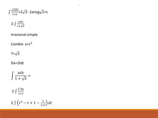∫
𝑥𝑑𝑥
1+𝑥
=2 𝑥- 2arctg 𝑥+c
2.∫
𝑥𝑑𝑥
1+ 𝑥
Irracional simple
Cambio x=𝑡2
T= 𝑥
Dx=2tdt
𝑥𝑑𝑥
1 + 𝑥
=
2 ∫
𝑡3 𝑑𝑡
1+𝑡
2 ∫ 𝑡2 − 𝑡 + 1 −
1
1+𝑡
𝑑𝑡
 