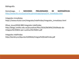 Bibliografía
Gorostizaga, J NOCIONES PRELIMINARES DE MATEMÁTICAS
http://www.ehu.eus/juancarlos.gorostizaga/apoyo/int_inmediatas.htm
Integrales inmediatas
https://www.vitutor.com/integrales/indefinidas/integrales_inmediatas.html
Olivar, Jesus(2016) 800 Integrales indefinidas
http://blogs.unellez.edu.ve/jesusolivar/files/2016/04/M%C3%A9todo-de-
integraci%C3%B3n-por-sustituci%C3%B3n.pdf
Integrales indefinidas
http://kambry.es/Apuntes%20Web/Integral%20Indefinida.pdf
 