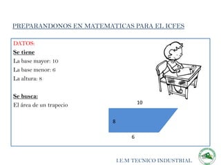 PREPARANDONOS EN MATEMATICAS PARA EL ICFES

DATOS:
Se tiene
La base mayor: 10
La base menor: 6
La altura: 8

Se busca:
El área de un trapecio               10


                         8

                                 6



                             I.E.M TECNICO INDUSTRIAL
 