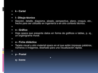    k - Cartel

   l - Dibujo técnico
   Sección, detalle, diagrama, alzado, perspectiva, plano, croquis, etc.,
    hecho para ser utilizado en ingeniería o en otro contexto técnico.

   n - Gráfico
   Hoja opaca que presenta datos en forma de gráficos o tablas, p. ej.,
    un organigrama mural.

   o - Ficha didáctica
   Tarjeta visual u otro material opaco en el que están impresas palabras,
    números o imágenes, diseñado para una visualización rápida.

   p - Postal
                                    
    q - Icono
 
