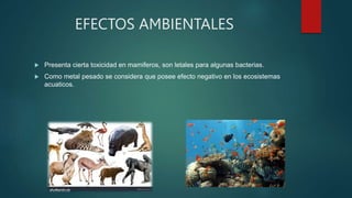 EFECTOS AMBIENTALES
 Presenta cierta toxicidad en mamiferos, son letales para algunas bacterias.
 Como metal pesado se considera que posee efecto negativo en los ecosistemas
acuaticos.
 
