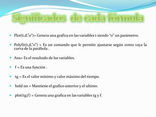 Significados  de cada fórmulaPlot(t,d,”o”)= Genera una grafica en las variables t siendo “o” un parámetro.Polyfit(t,d,”o”) = Es un comando que le permite ajustarse según como vaya la curva de la parábola . Ans= Es el resultado de las variables. f = Es una función .tg = Es el valor mínimo y valor máximo del tiempo.holdon = Mantiene el grafico anterior y el ultimo.plot(tg;f) = Genera una grafica en las variables tg y f.  