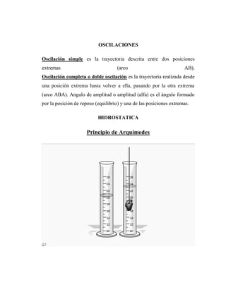 OSCILACIONES

Oscilación simple es la trayectoria descrita entre dos posiciones
extremas                            (arco                            AB).
Oscilación completa o doble oscilación es la trayectoria realizada desde
una posición extrema hasta volver a ella, pasando por la otra extrema
(arco ABA). Angulo de amplitud o amplitud (alfa) es el ángulo formado
por la posición de reposo (equilibrio) y una de las posiciones extremas.

                           HIDROSTATICA

                     Principio de Arquímedes
 