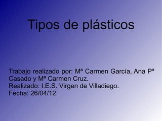 Tipos de plásticos


Trabajo realizado por: Mª Carmen García, Ana Pª
Casado y Mª Carmen Cruz.
Realizado: I.E.S. Virgen de Villadiego.
Fecha: 26/04/12.
 