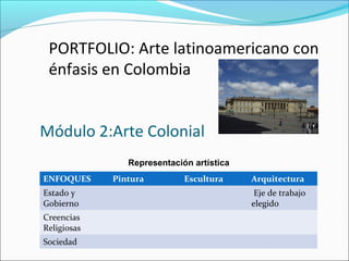 Módulo 2:Arte Colonial
Representación artística
ENFOQUES Pintura Escultura Arquitectura
Estado y
Gobierno
Eje de trabajo
elegido
Creencias
Religiosas
Sociedad
PORTFOLIO: Arte latinoamericano con
énfasis en Colombia
 