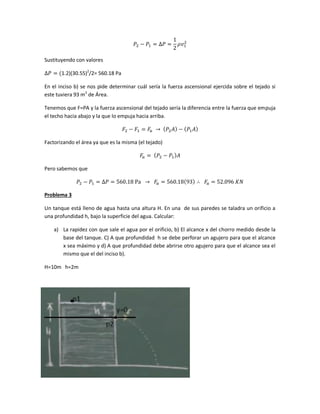 Sustituyendo con valores
1.2)(30.55)2/2= 560.18 Pa
En el inciso b) se nos pide determinar cuál sería la fuerza ascensional ejercida sobre el tejado si
este tuviera 93 m2 de Área.
Tenemos que F=PA y la fuerza ascensional del tejado sería la diferencia entre la fuerza que empuja
el techo hacia abajo y la que lo empuja hacia arriba.

Factorizando el área ya que es la misma (el tejado)

Pero sabemos que

Problema 3
Un tanque está lleno de agua hasta una altura H. En una de sus paredes se taladra un orificio a
una profundidad h, bajo la superficie del agua. Calcular:
a) La rapidez con que sale el agua por el orificio, b) El alcance x del chorro medido desde la
base del tanque. C) A que profundidad h se debe perforar un agujero para que el alcance
x sea máximo y d) A que profundidad debe abrirse otro agujero para que el alcance sea el
mismo que el del inciso b).
H=10m h=2m

 