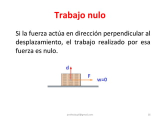 Trabajo nulo Si la fuerza actúa en dirección perpendicular al desplazamiento, el trabajo realizado por esa fuerza es nulo. [email_address] 