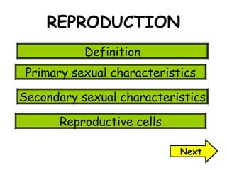 REPRODUCTION
Definition
Primary sexual characteristics
Secondary sexual characteristics
Reproductive cells
Next

 
