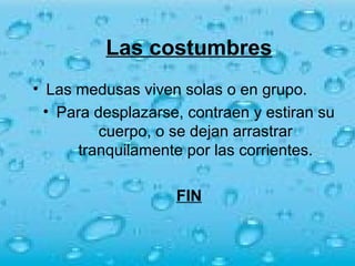 Las costumbres
• Las medusas viven solas o en grupo.
  • Para desplazarse, contraen y estiran su
          cuerpo, o se dejan arrastrar
       tranquilamente por las corrientes.

                    FIN
 